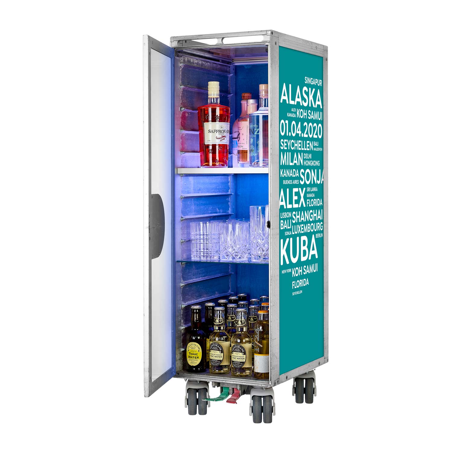 Bartrolley City mit Deinen Begriffen Türkis inkl. LED-Leuchtfachboden, Barbrett & Fachboden aus Glas