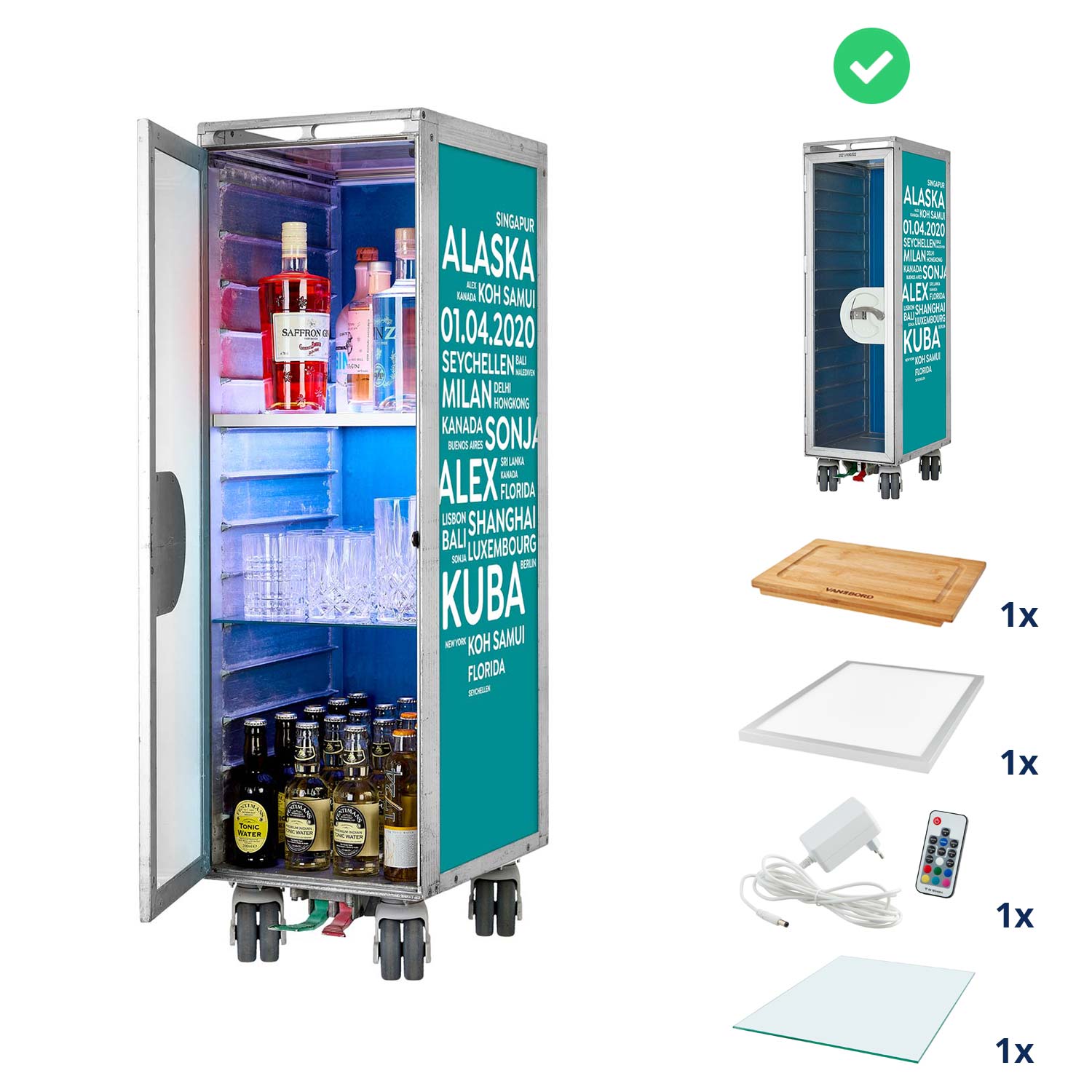 Bartrolley City mit Deinen Begriffen Türkis inkl. LED-Leuchtfachboden, Barbrett & Fachboden aus Glas