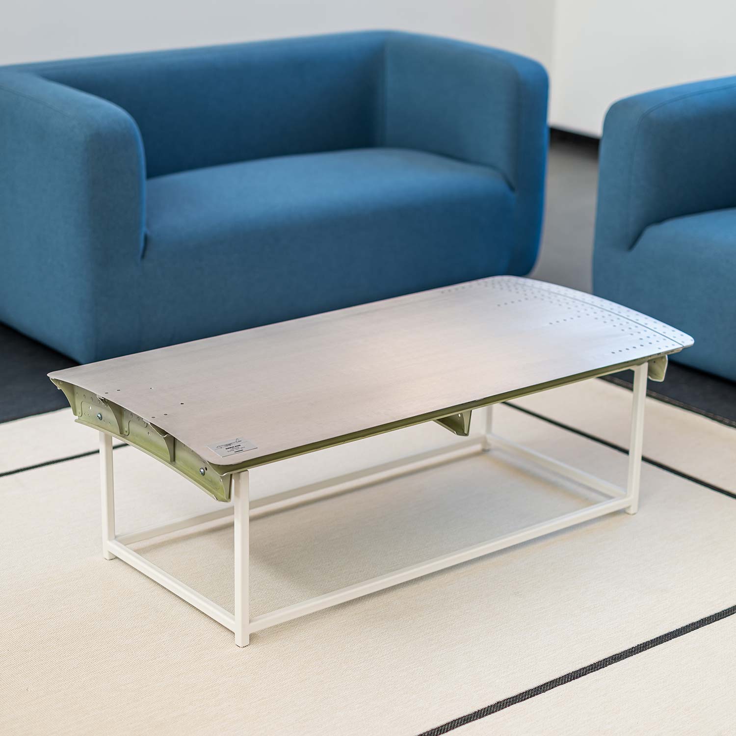 Coffee Table from Aircraft Parts, Brushed Aluminum, Frame: White, approx. 116 x 59 cm