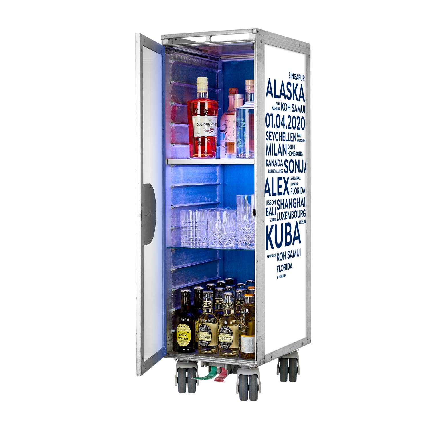 Airline Cart Bar Cities with YOUR TERMS White-Blue incl. LED Shelf, small Cutting Board & Glass Shelf