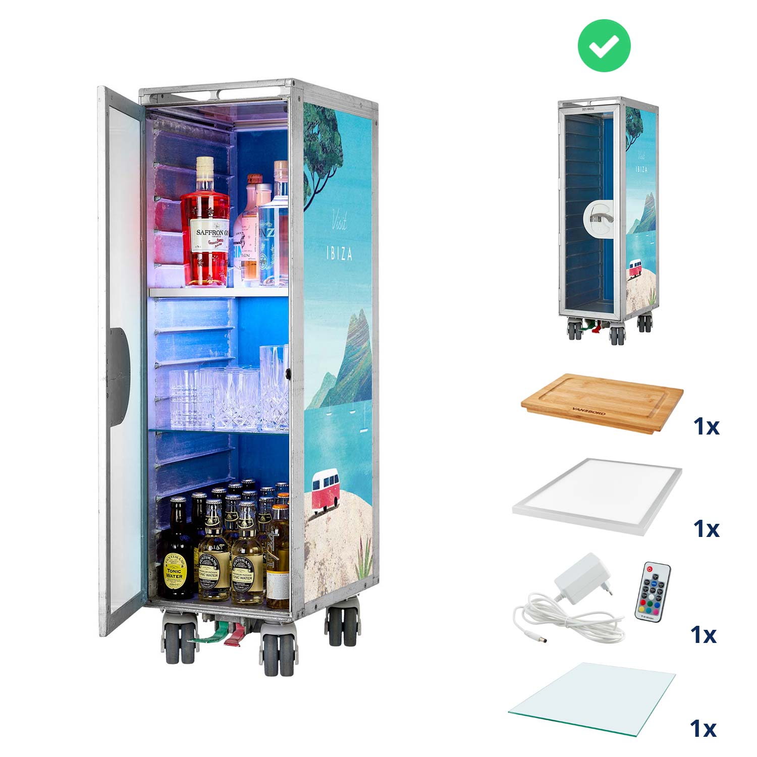 Airline Cart Bar Henry Rivers Edition Visit Ibiza incl. LED Shelf, small Cutting Board & Glass Shelf