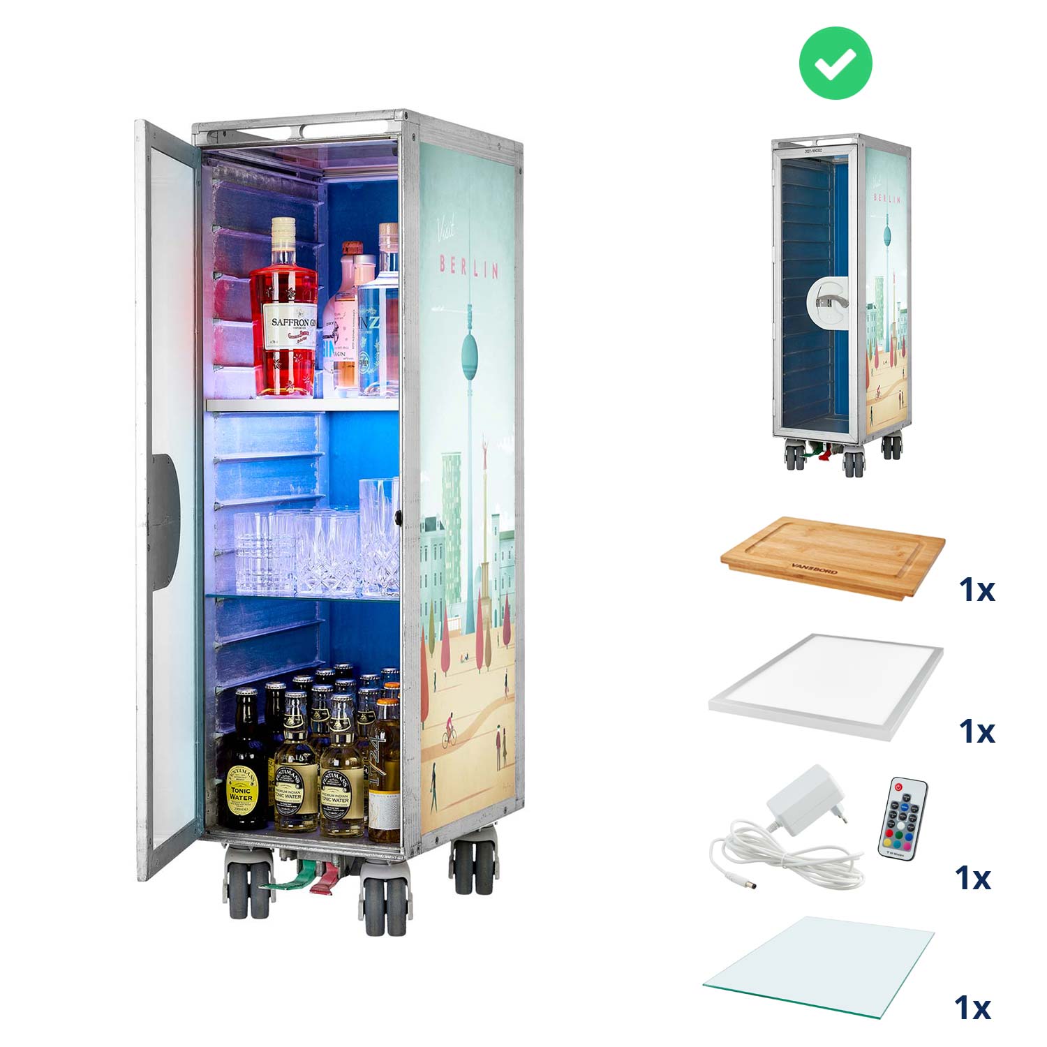 Airline Cart Bar Henry Rivers Edition Visit Berlin incl. LED Shelf, small Cutting Board & Glass Shelf