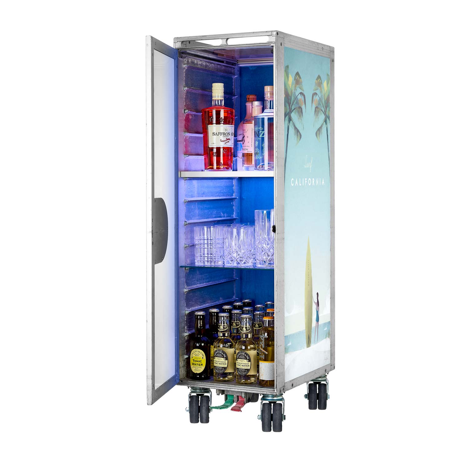 Bartrolley Henry Rivers Edition Surf California mit neuen Rollen inkl. LED-Leuchtfachboden, Barbrett & Fachboden aus Glas
