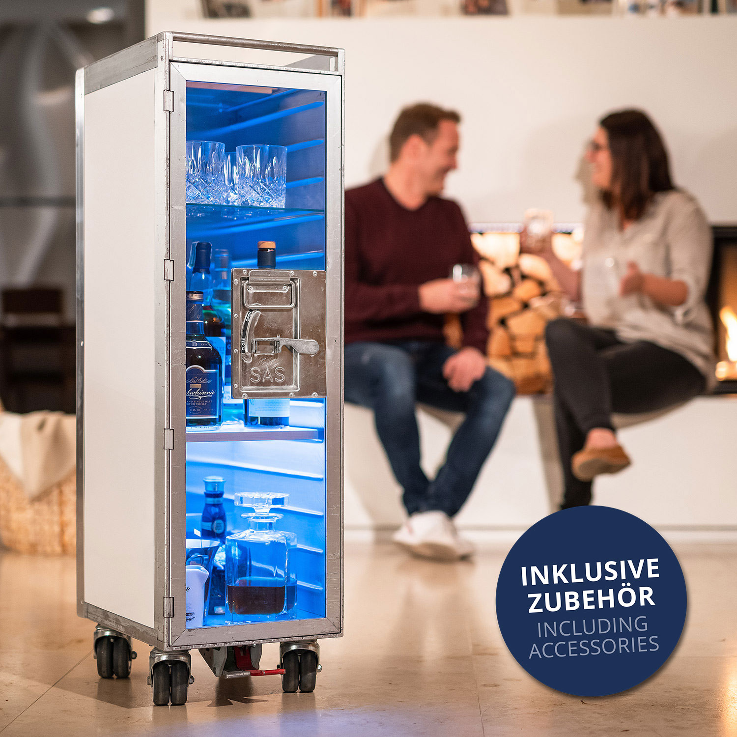 Bartrolley Uni Weiss inkl. LED-Leuchtfachboden, Barbrett & Fachboden aus Glas